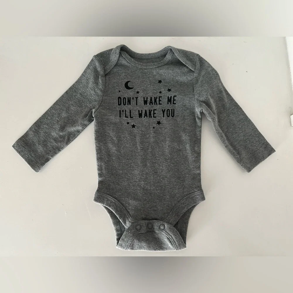 Jumping Beans One Piece Onesie “Don’t Wake Me I’ll Wake You” Gray w Black Text